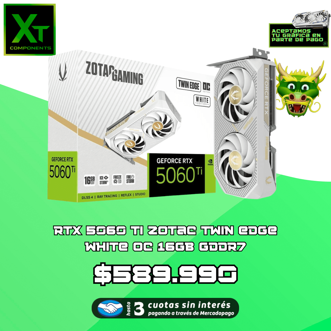 Rtx 5060 ti 16gb-2 RTX 5060 TI ZOTAC TWIN EDGE WHITE OC 16GB GDDR7 - Imagen 1